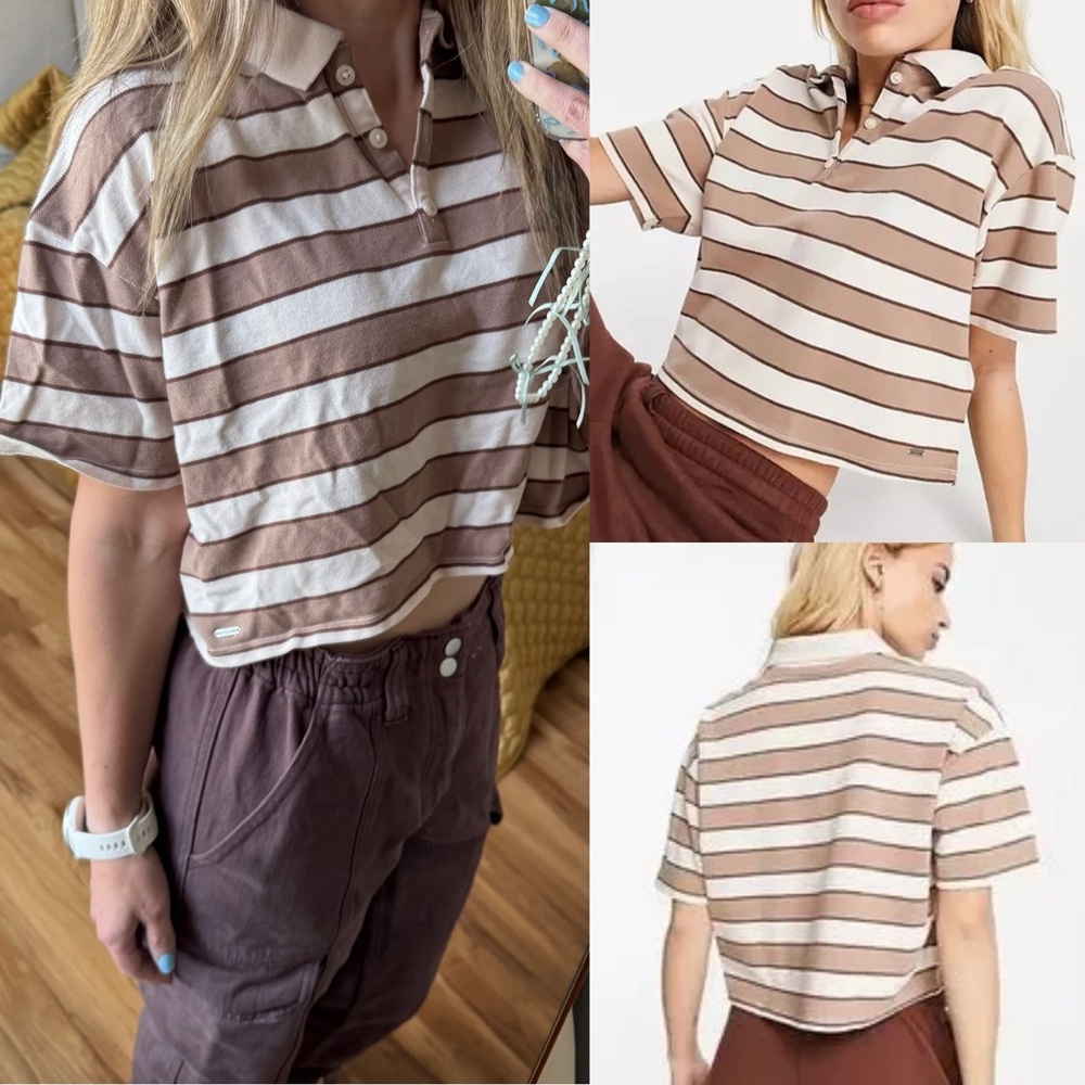 Hollister cropped boxy polo Brown and White Striped Shirt m